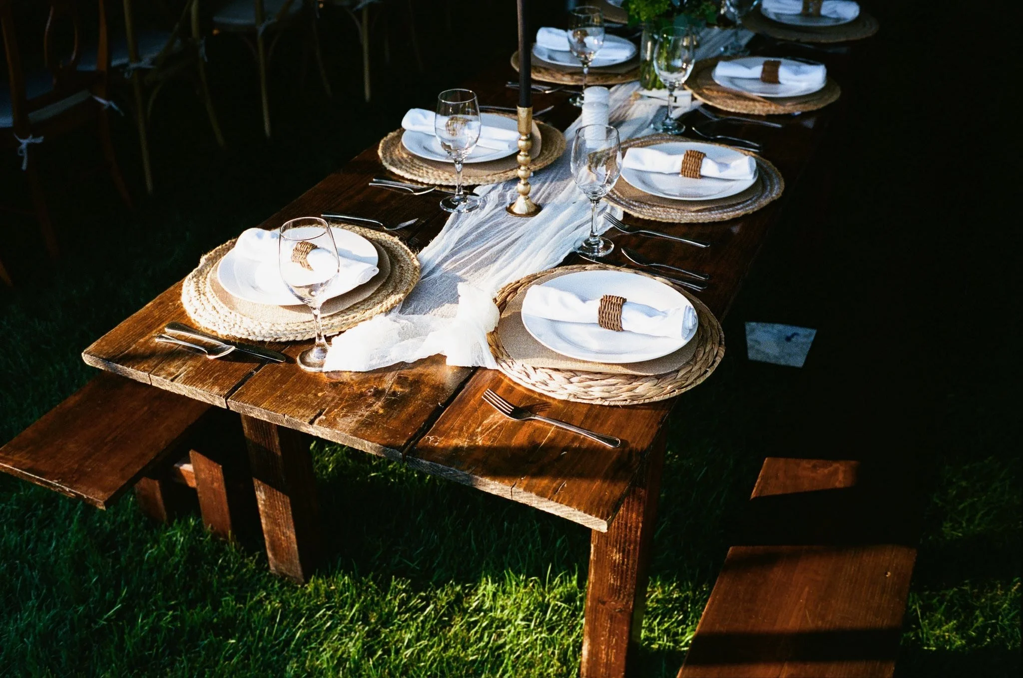 Ceremony Benches at Outdoor Wedding Setup