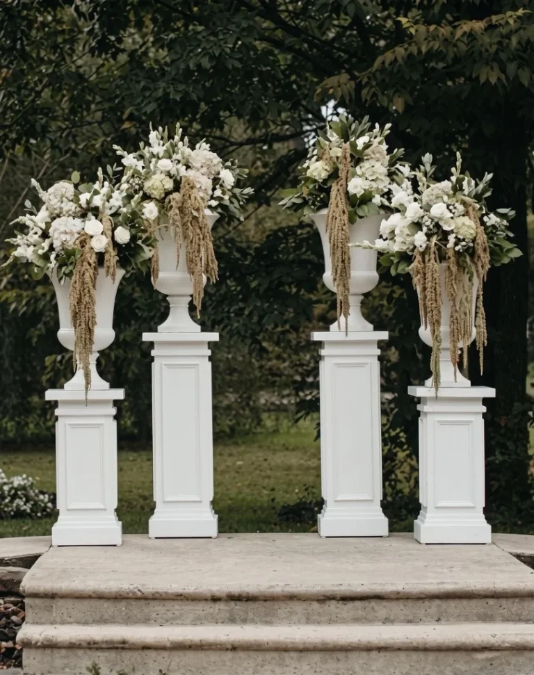 White architectural pillars in 3-foot and 4-foot heights topped with floral urns for a wedding ceremony