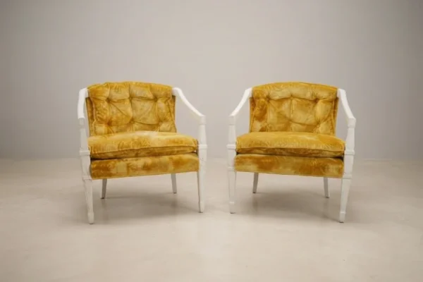 Pair of Mira armchairs in golden tufted velvet with white frames