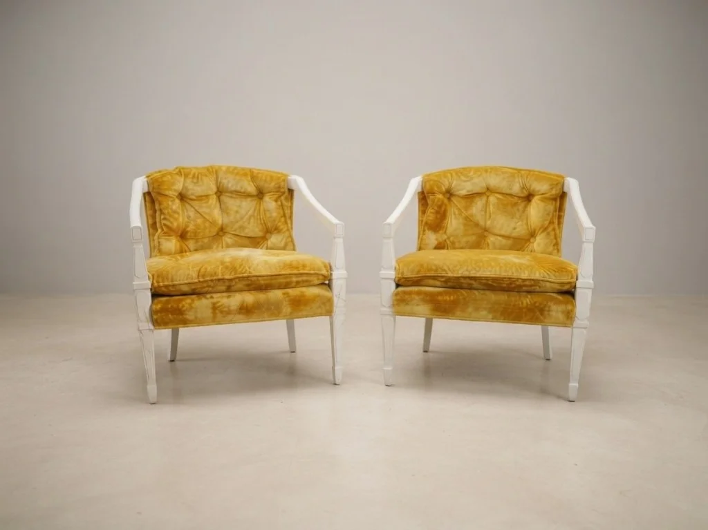 Pair of Mira armchairs in golden tufted velvet with white frames
