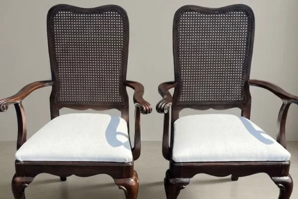 Pair of Molly cane-back armchairs with white cushions