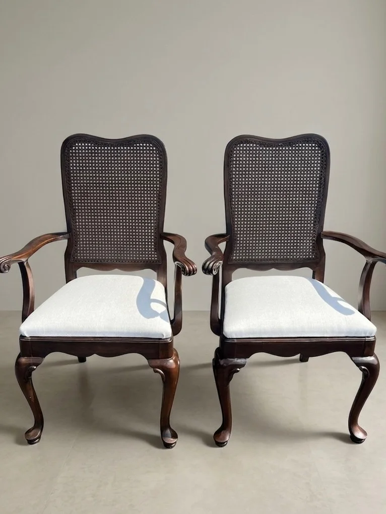 Pair of Molly cane-back armchairs with white cushions