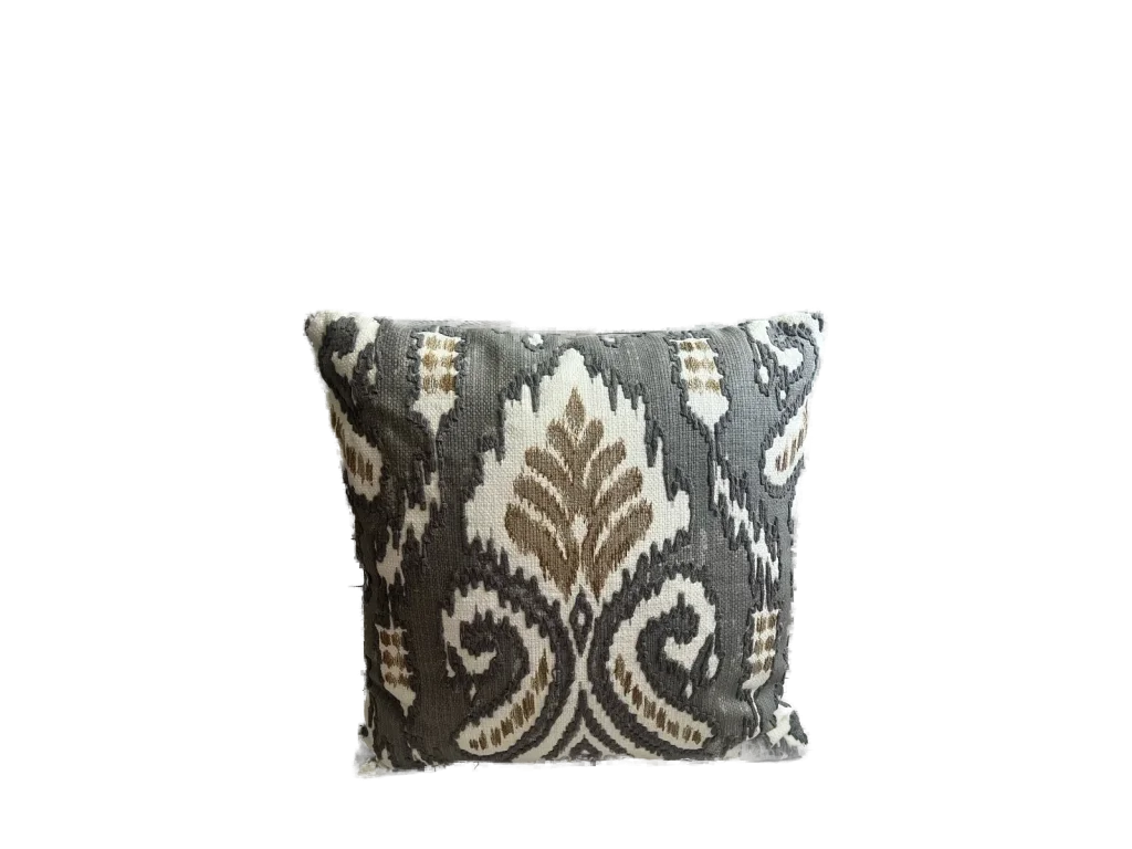 Charcoal ivory and taupe ikat pattern rental pillow catalog cutout