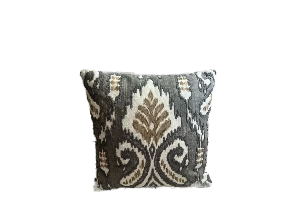 Charcoal ivory and taupe ikat pattern rental pillow catalog cutout