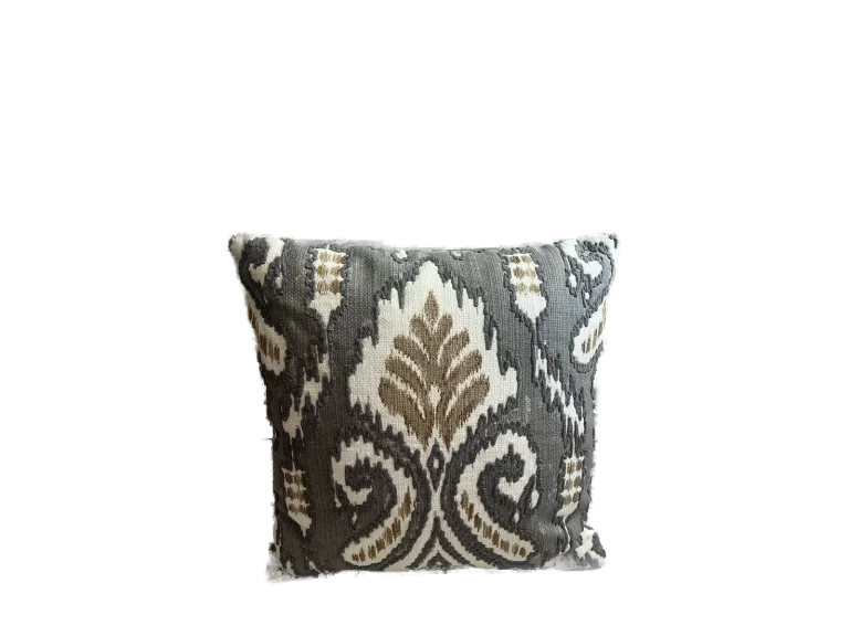 Charcoal ivory and taupe ikat pattern rental pillow catalog cutout