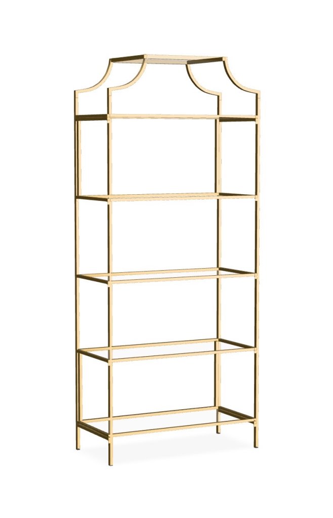 Gold metal display shelf with five tiers