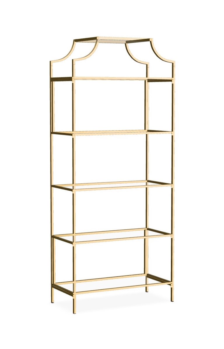 Gold metal display shelf with five tiers