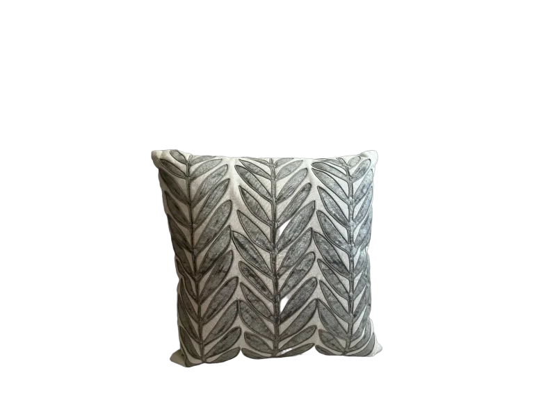 Ivory rental pillow with silver leaf embroidery catalog cutout