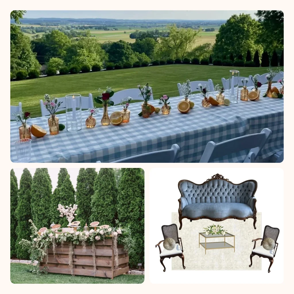 Complete reception rental collage with farmhouse tables, seating, bar, gathering pieces, and Blue Belle lounge furniture.