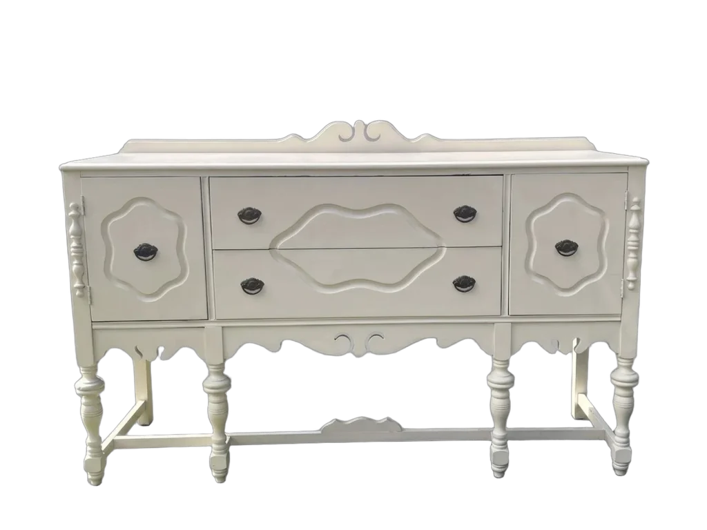 Vintage white display buffet rental catalog cutout