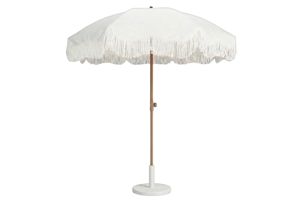 White fringe patio umbrella with base rental catalog cutout