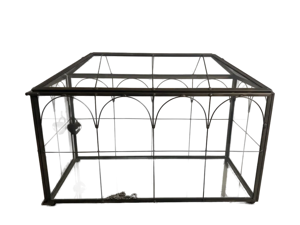 Glass card box with lock and key rental catalog cutout