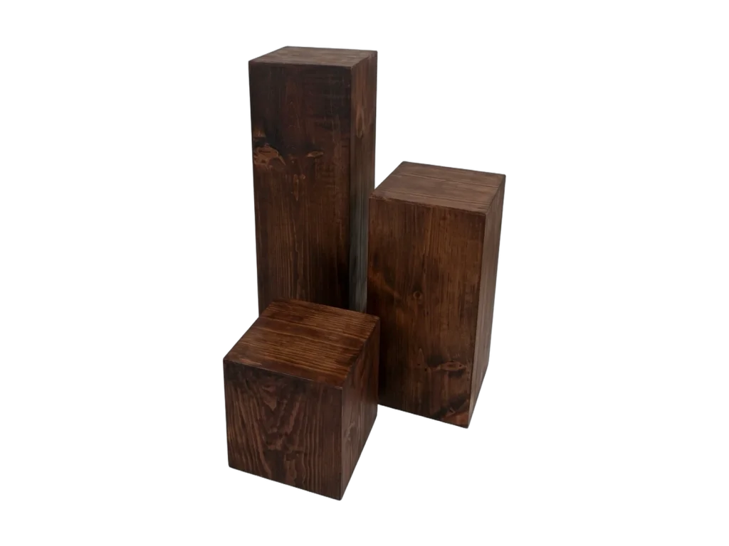 Wooden display pillars set of three rental catalog cutout
