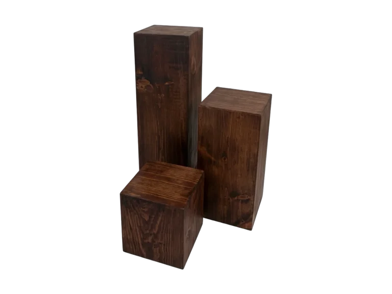 Wooden display pillars set of three rental catalog cutout
