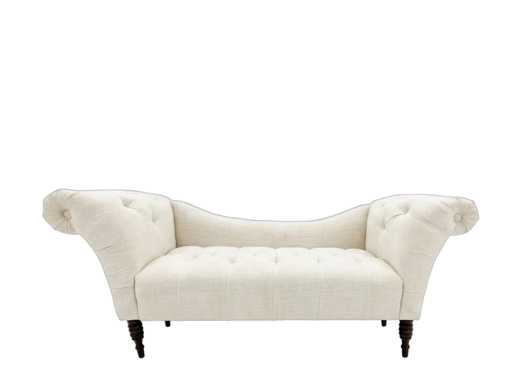 Upholstered settee bench with rolled arm rental catalog cutout