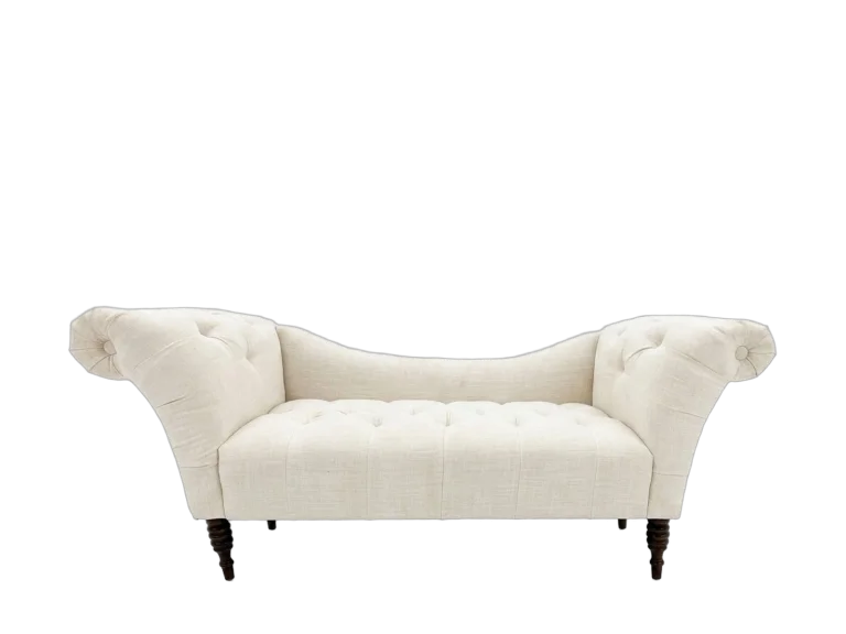 Upholstered settee bench with rolled arm rental catalog cutout