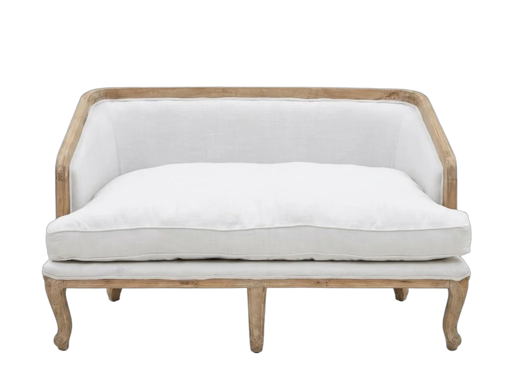 Upholstered wooden settee rental catalog cutout