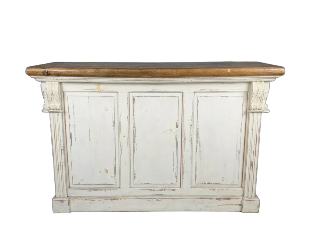Distressed white bar with wooden top rental catalog cutout