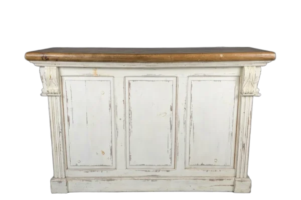 Distressed white bar with wooden top rental catalog cutout