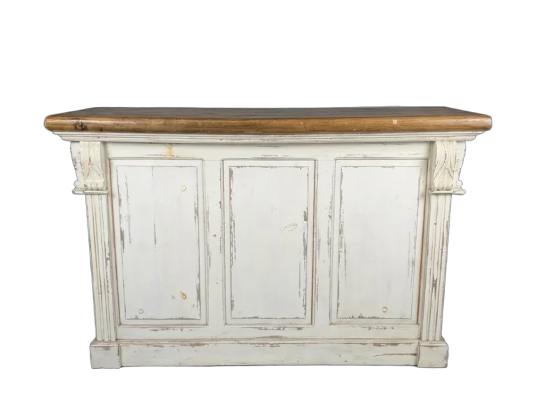 Distressed white bar with wooden top rental catalog cutout