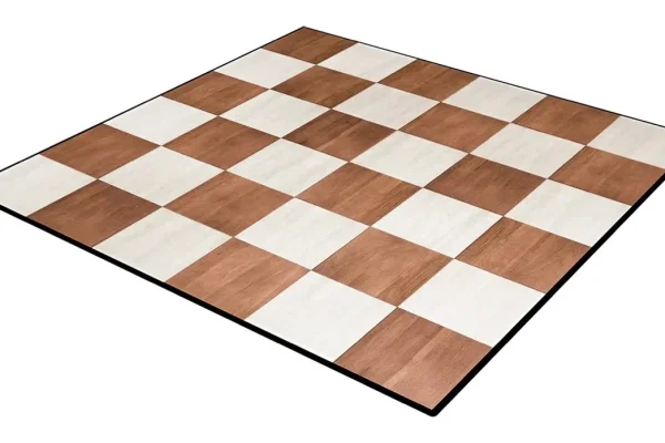 Checkered wood and white portable dance floor with a black edge trim