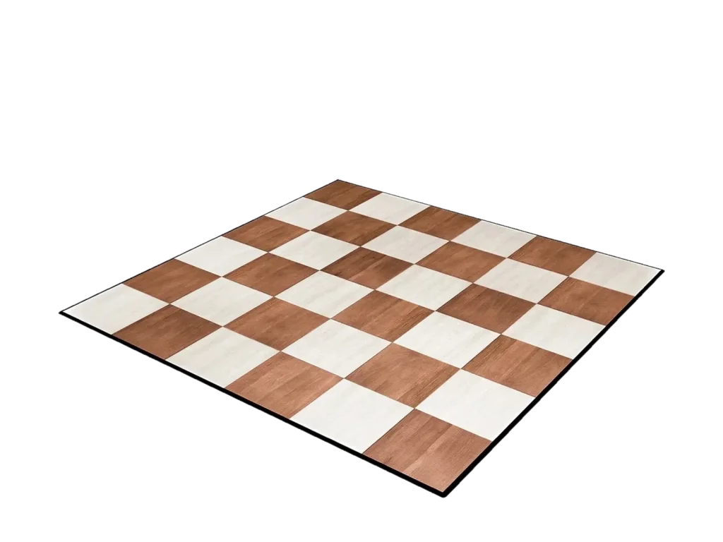 Checkered wood and white portable dance floor with a black edge trim catalog cutout