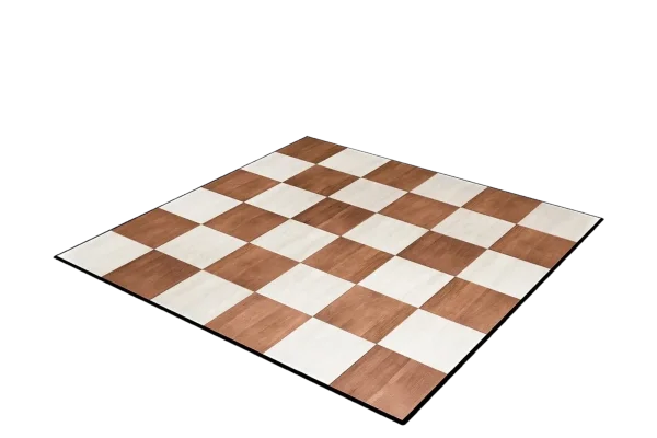 Checkered wood and white portable dance floor with a black edge trim catalog cutout