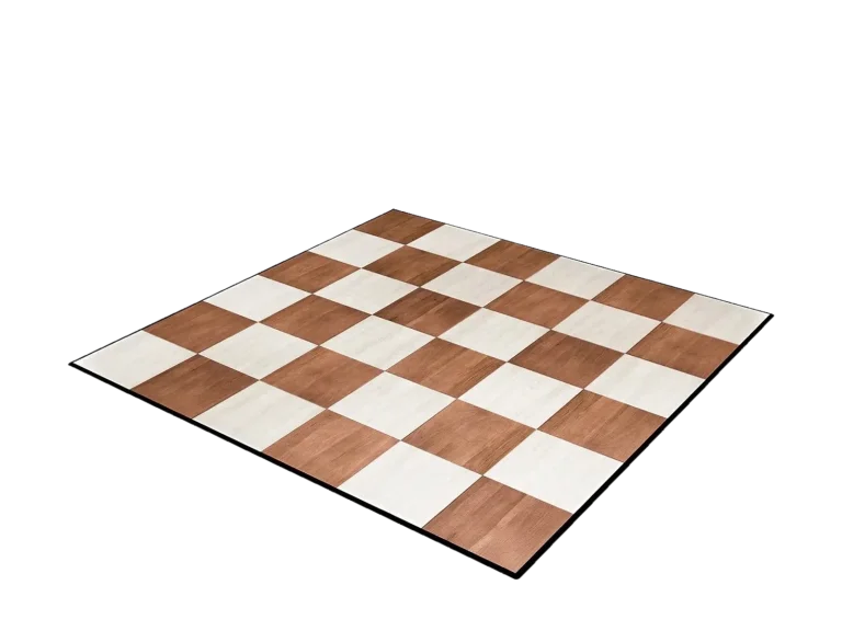 Checkered wood and white portable dance floor with a black edge trim catalog cutout