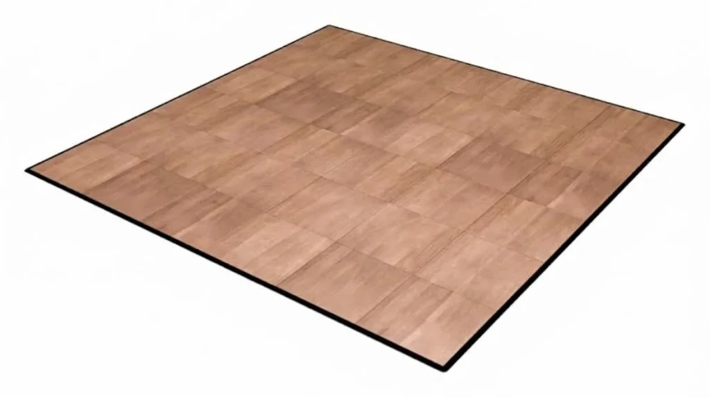 Wood-look portable dance floor with a black edge trim